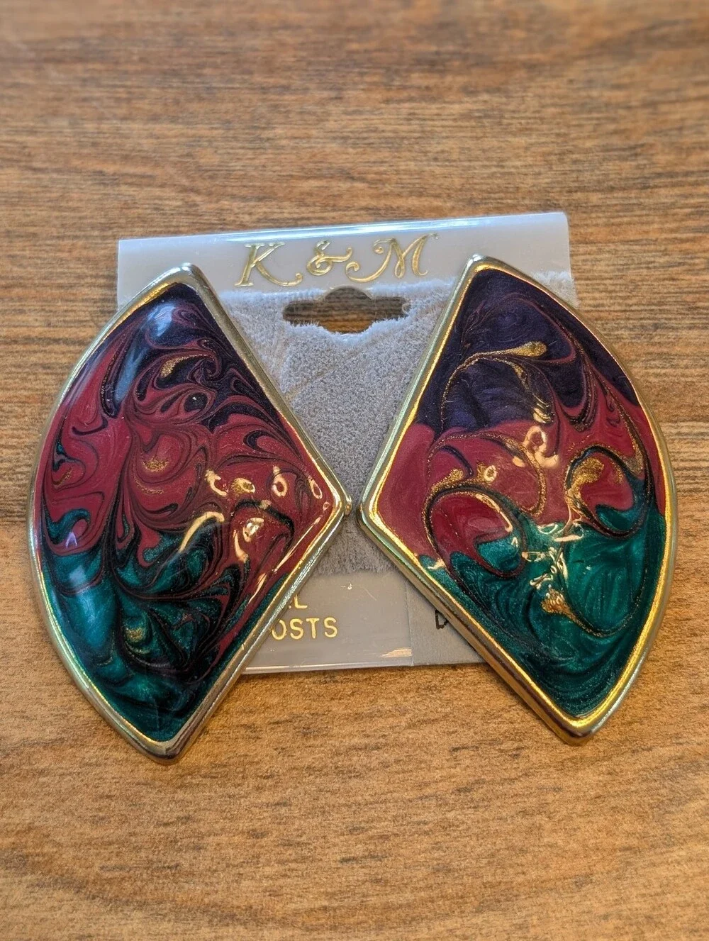 Vintage 1980's K&M Gold-tone Earrings With Teal/Purple/ + Red Enamel Swirling